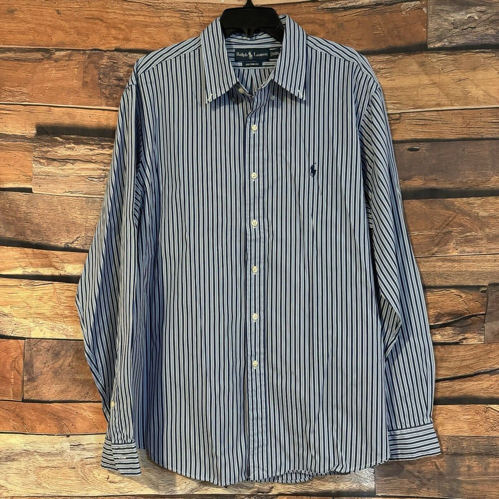 Polo Ralph Lauren Men's XXL 2XL Blue White Striped Dress Shirt Long Sleeve Pony